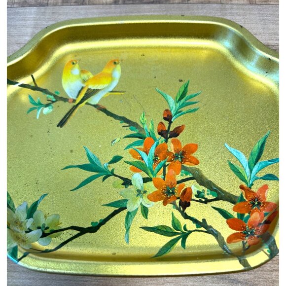 Vintage Gold Metal Tray With Hand-Painted Birds & Floral Design By Elite Trays M - Picture 2 of 3